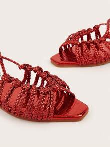 Dép đế bệt có dây dệt tay màu đỏ có họa tiết đính đá dành cho nữ. Mẫu Dệt Ngẫu Nhiên Và Mẫu đá. - Đỏ - Xem 4