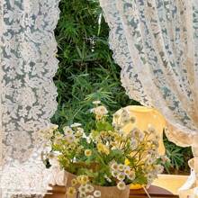 1 pieza Cortina de gasa bordada beige vintage francesa, para sala de estar, cocina, cafetería, con borde de encaje ondulado, cortina divisoria de estilo europeo, sin incluir la barra de cortina