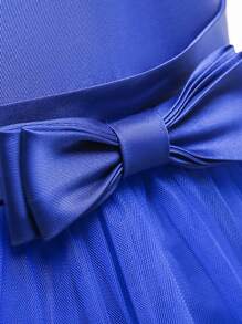 Young Girls' Solid Color Bow Tulle Satin Sleeveless Puffy Skirt, Elegant Formal Dress Suitable For Banquet And Party, Excluding Headband - Blue - View 7