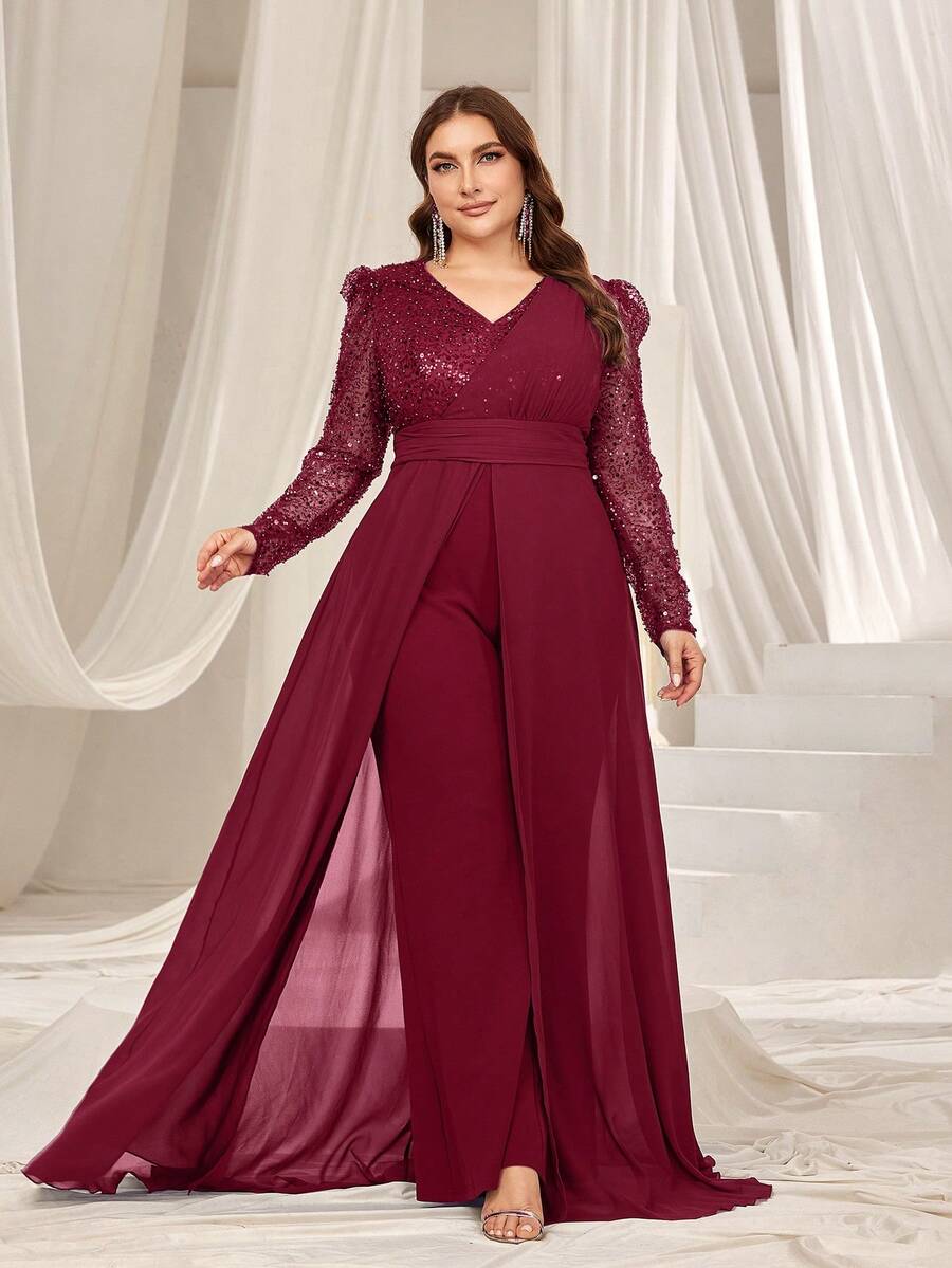 Faeriesty Combinaison élégante à jambes larges à col V manches longues pour grandes tailles, décorée d'accents brillants et d'une ceinture à la taille, convient pour les banquets formels, les grands événements, les cérémonies de remise de prix, les mariages et les galas de bienfaisance. - Rouge foncé - Voir 1