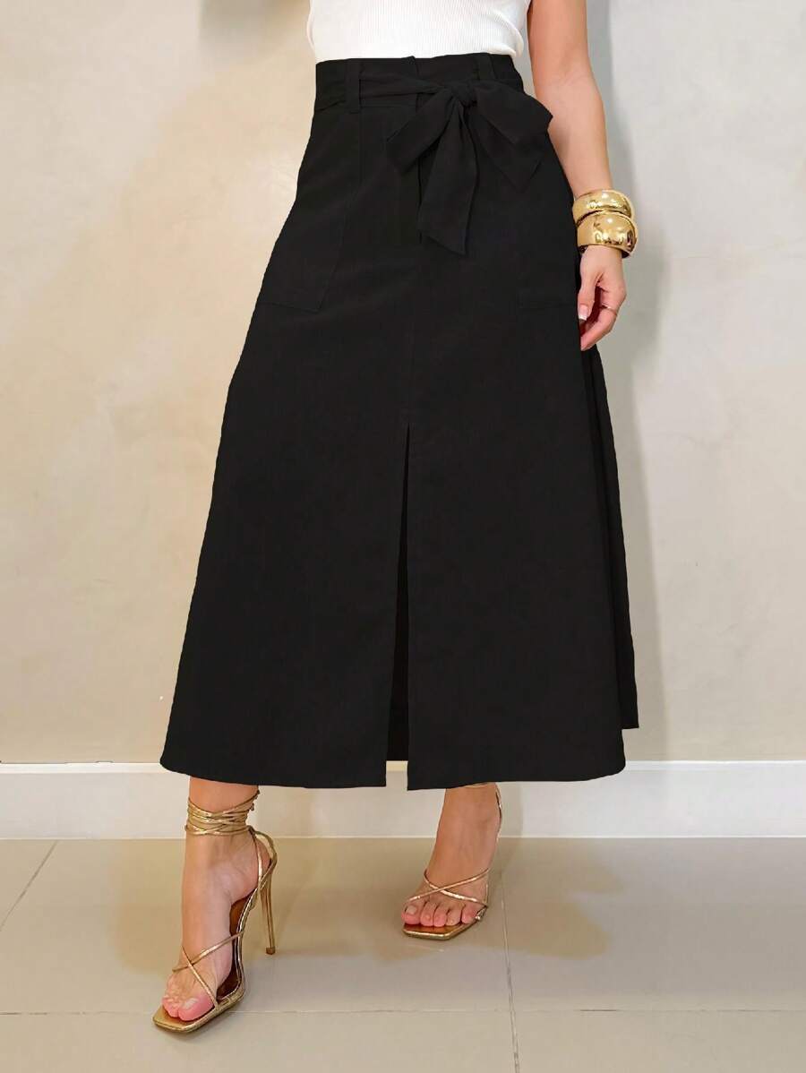 Midi Skirt With Slit/ Comes With Sash/ Front Pockets/ Code 189 - Negro - Ver 1
