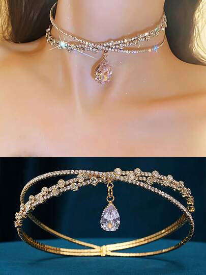 1pc Elegant Water Drop Crystal Princess Necklace & Headchain, Oval Pendant Necklace, Rhinestone Crown Headpiece, Versatile Bridal Wedding Accessory, Sparkling Letter Decor