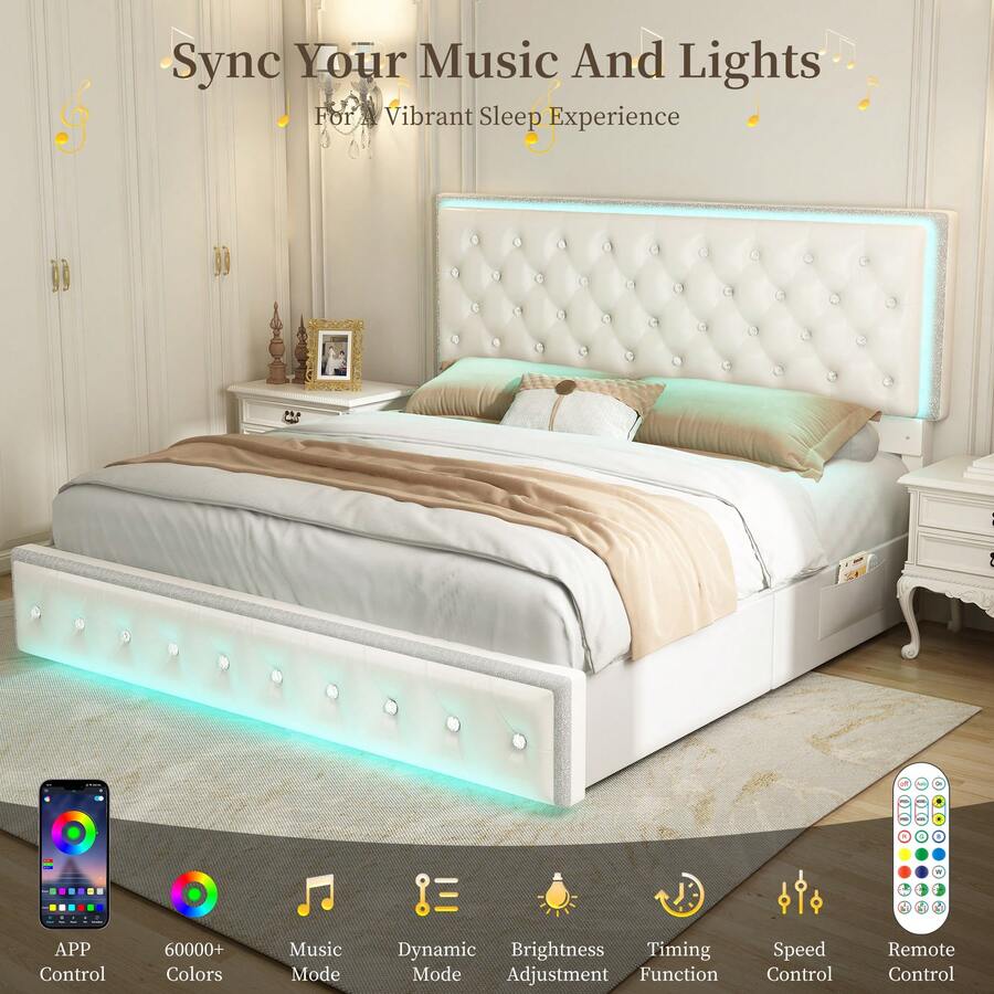 SIBEDS Queen Size Upholstered RGB LED Bed Frame With 2 Storage Drawers