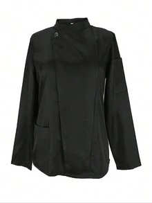 Blusa de uniforme de cocina de manga larga y unicolor informal para mujeres - Negro - Ver 2