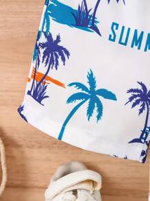 Baby Boys 2Pcs Outfit, Palm Tree Pattern Vest & Shorts , Toddlers Summer Holiday Beach Wear(No Hat)