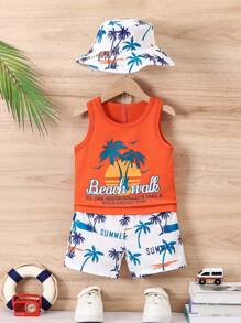 Baby Boys 2Pcs Outfit, Palm Tree Pattern Vest & Shorts , Toddlers Summer Holiday Beach Wear(No Hat)
