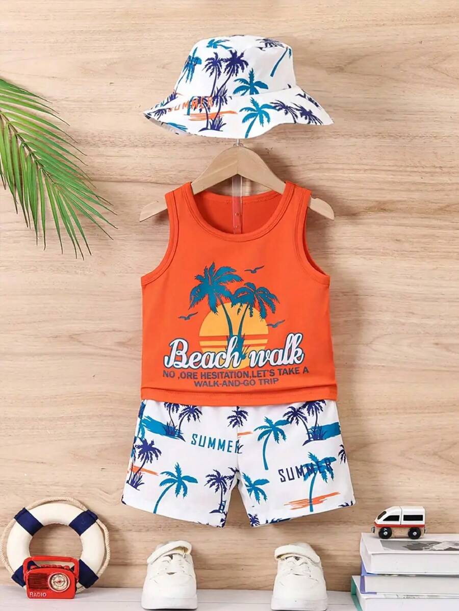 Baby Boys 2Pcs Outfit, Palm Tree Pattern Vest & Shorts , Toddlers Summer Holiday Beach Wear(No Hat)