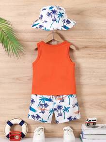Baby Boys 2Pcs Outfit, Palm Tree Pattern Vest & Shorts , Toddlers Summer Holiday Beach Wear(No Hat)
