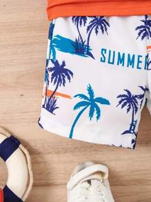 Baby Boys 2Pcs Outfit, Palm Tree Pattern Vest & Shorts , Toddlers Summer Holiday Beach Wear(No Hat)