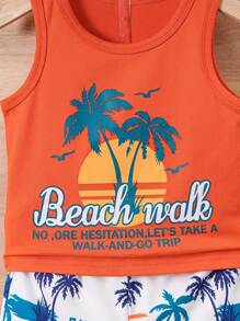 Baby Boys 2Pcs Outfit, Palm Tree Pattern Vest & Shorts , Toddlers Summer Holiday Beach Wear(No Hat)