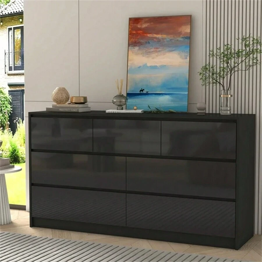 Dresser For Bedroom, Modern 7 Drawer Dresser With High Gloss Drawers, 55 Inch Large Wood Chest Of Drawer Handle Free, Long Dresser For Bedroom, Living Room, Entryway, Hallway - 黑色 - 查看 1