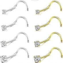 8pcNose Ring Earrings Stainless Steel Nose Studs Allergy Proof Bottle Opener Nose Piercing Earrings Jewelry Men And Women Silver Square Crystal Zirconia Imitation Rhinestone 1.5mm 2mm 2.5mm 3mm