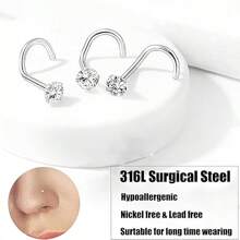 8pcNose Ring Earrings Stainless Steel Nose Studs Allergy Proof Bottle Opener Nose Piercing Earrings Jewelry Men And Women Silver Square Crystal Zirconia Imitation Rhinestone 1.5mm 2mm 2.5mm 3mm