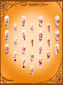 万圣节风格 24 件长棺材形光泽假指甲套装，采用血浆设计，经典法式尖头图案指甲用品和 DIY 万圣节主题假指甲，包括 1 个指甲锉和 1 个双面胶带，非常适合女士和女孩在节日期间用美甲装饰指甲 - 彩色 - 查看 5