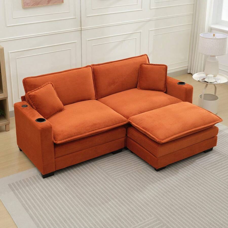 82.7" Cloud Couch Sectional Sofa, Modern 3 Seat L Shaped Couch With Ottoman & Cup Holder & USB Ports, Upholstered Corduroy Couch Comfy Couches For Living Room, Apartment - 橘色 - 查看 1