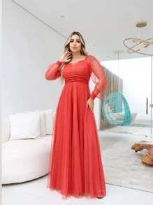 Long Sleeve Prom Bridesmaid Dress Without Shine Up To Plus Size - Burnt Orange - View 1
