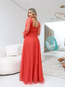 Long Sleeve Prom Bridesmaid Dress Without Shine Up To Plus Size - Burnt Orange - View 2