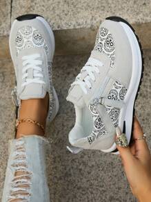 Stylish Fashionable Versatile Anti-Slip Sexy Comfortable Pretty Inexpensive Women Outdoor Casual Sports Shoes With Lace-Up, Zipper Decor, Random Pattern Location - Grey - View 5