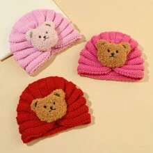 3 件装婴儿卡通针织帽，婴儿保暖户外冬季帽，带熊装饰