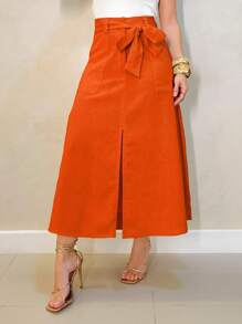 Midi Skirt With Slit/ Comes With Sash/ Front Pockets/ Code 189 - Orange - View 1