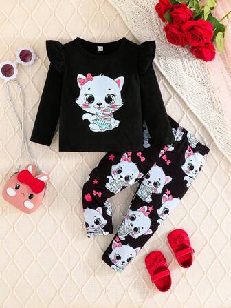 2pcs/Set Baby Girls' Cute Cat Graphic Cap Long Sleeve Top And Casual Pants Outfit