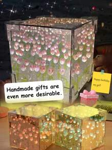 (USB Powered) 10/20/30 Tulips Flower Cube Night Light, Handmade DIY Material Kit, Dual Function As Night Light & Mirror, Ideal Gift For Girlfriend, Friends, Birthday, Valentine's Day - 多色 - 查看 3