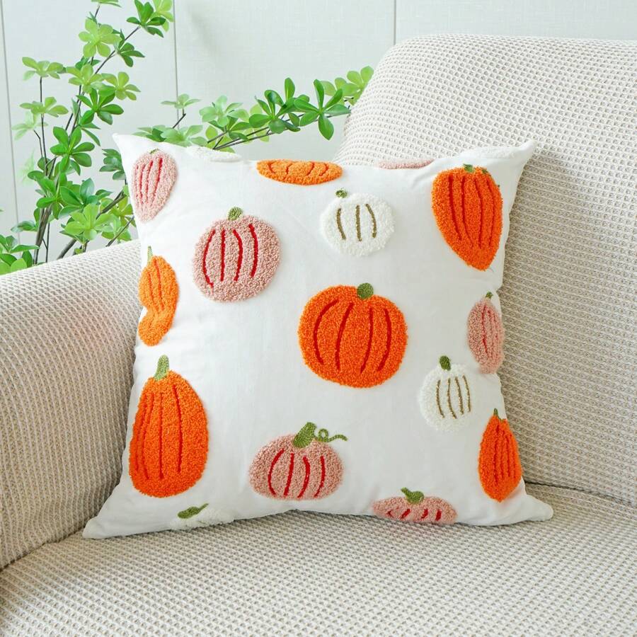 1pc Pumpkin Embroidery Halloween Decorative Throw Pillow Case, Thanksgiving Cushion Cover For Autumn - White - View 1