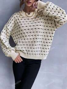 Autumn And Winter New Fashionable Round Neck Retro Plaid Contrast Stitching Long-Sleeved Women's Sweater