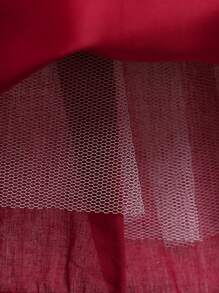 女童纯色蝴蝶结薄纱缎面无袖蓬蓬裙，优雅正式礼服，适合宴会和派对穿着，不含头饰 - 酒紅色 - 查看 9