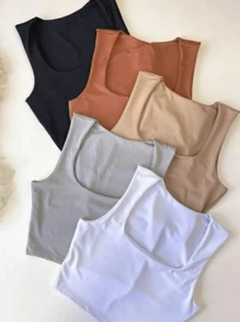 Cropped Double Lining Women's Basic Square Cut Plain Polyamide Suplex Tank Top - White - View 1