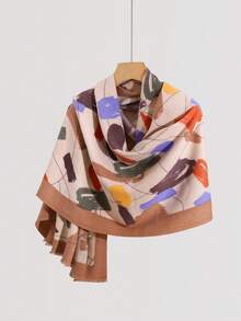 1 件高品质仿羊绒豹纹和斑马纹拼接彩色印花羊绒围巾柔软保暖休闲披肩女士日常装扮装饰万圣节 - 彩色 - 查看 3