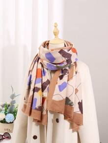 1 件高品质仿羊绒豹纹和斑马纹拼接彩色印花羊绒围巾柔软保暖休闲披肩女士日常装扮装饰万圣节 - 彩色 - 查看 4