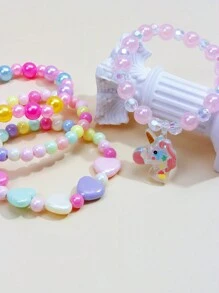 4pcs/Set Girls' Unicorn Shaped Charm & Heart Beaded Bracelet Set With Random Color - Multicolor - View 5
