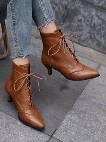 Brown Kitten Heel Pointed Toe Lace-Up PU Short Boots For Women - Brown - View 2