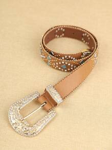 1pc Women Black & Beige PU Rhinestone Chain Belt, Boho Style Leather Belt, Suitable For Daily Wear Summer, School Fall, Autumn, Halloween - Camel - View 3