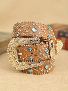 1pc Women Black & Beige PU Rhinestone Chain Belt, Boho Style Leather Belt, Suitable For Daily Wear Summer, School Fall, Autumn, Halloween - Camel - View 5