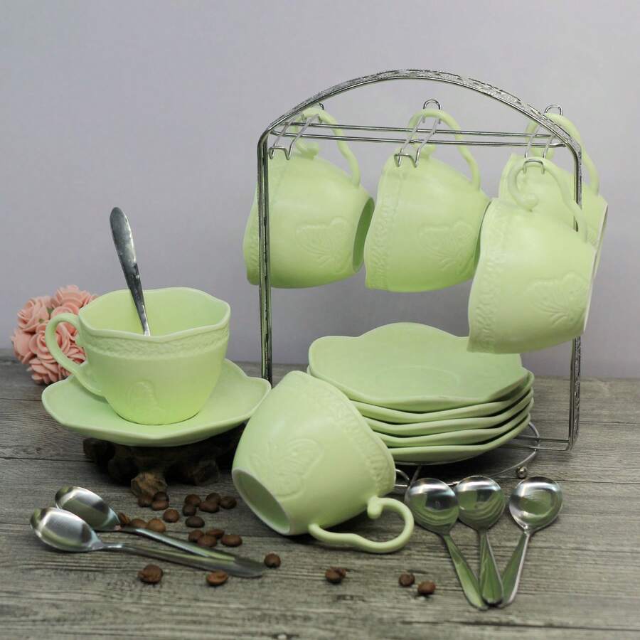 Khay đựng cốc cà phê/rượu bằng gốm 6 cốc có giá trang trí màu bạc, thiết kế hoa sáng tạo Dụng cụ tổ chức cốc - Bạc - Xem 1