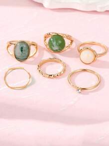 6pcs Vintage Creative Geometric Green Jade Ring Set - Gold - View 3