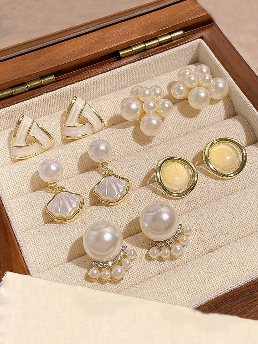 5 件/套复古仿珍珠银针耳环，极简主义奢华耳环套装 - 套裝A款 - 查看 1