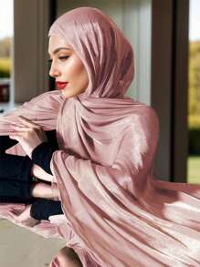 1pc Solid Color Metallic Shiny Hijab Turban With Elastic Band, Year-Round Wear - Island Wrinkle - View 12