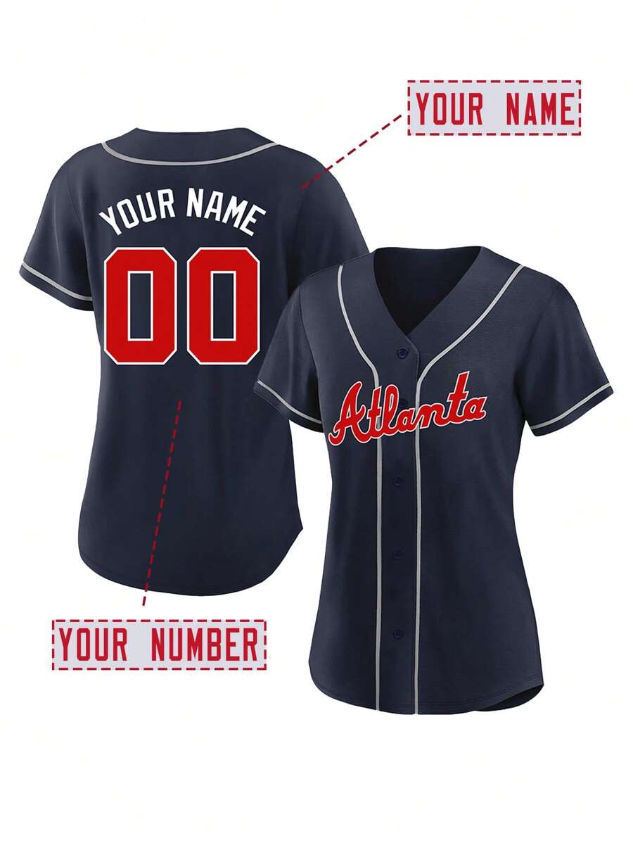 Customized Name And Number DIY Women's Embroidery Baseball Jersey Atlanta Blue V-Neck Personalized Short Sleeve Button Down Shirts Party Games Training Competition Sports Tops S-Xxl DIY - Blue - View 1