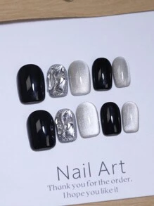 Uñas postizas 100% hechas a mano, 10 piezas de puntas de uñas cuadradas cortas reutilizables en negro con efecto ojo de gato lunar y pedrería blanca con brillo. Encantos de uñas falsas para uso diario, diseño de uñas de fiesta y suministros de uñas uñas falsas uña falsa uña acrílica