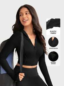 Yefecy Yoga Basic  Hooded Sports Sweatshirt,Breathable Zipper Jacket Sports Yoga Top With Thumb Hole & Long Sleeve Workout Top - Black - View 1