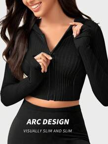 Yefecy Yoga Basic  Hooded Sports Sweatshirt,Breathable Zipper Jacket Sports Yoga Top With Thumb Hole & Long Sleeve Workout Top - Black - View 3