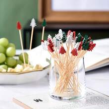 50pcs/100pcs Christmas Themed Bamboo Skewers, Christmas Tree, Santa Claus, Reindeer, Snowman Cake Toppers, Christmas Supplies, Disposable Art Toothpicks, Fruit Dessert Forks, Merry Christmas,