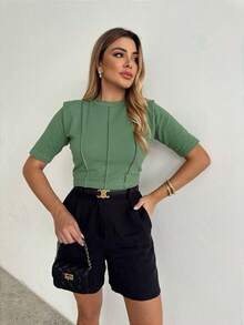Women's Blouse Cropped T-Shirt Women's T-Shirt Details Premium Cotton Moda Blogueira Moda Gringa Promotion - 綠色 - 查看 6
