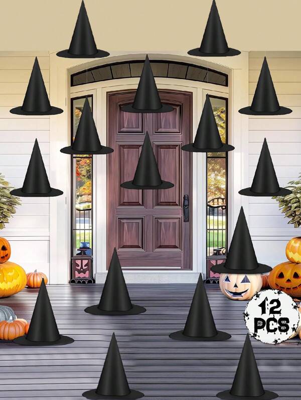 12PCS Halloween Witch Hats, Black Hanging Witch Hat, Witch Costume Accessories Witches Hats With 328 FT Nylon Cord Wizard Hats Indoor Outdoor Halloween Decorations For Home Yard Porch Ceiling
