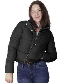 Abrigo acolchado unicolor con cremallera con botón - Negro - Ver 1