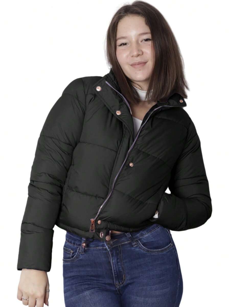 Abrigo acolchado unicolor con cremallera con botón - Negro - Ver 1