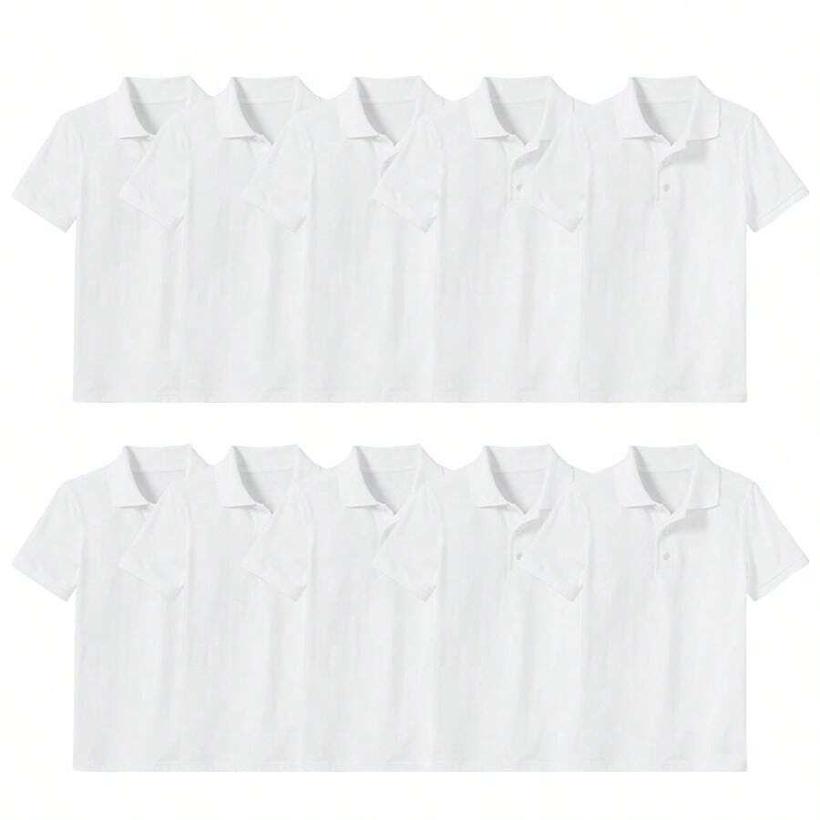 Young Boy 10-Pack School Uniform Tagless Polo Shirts - White - View 1